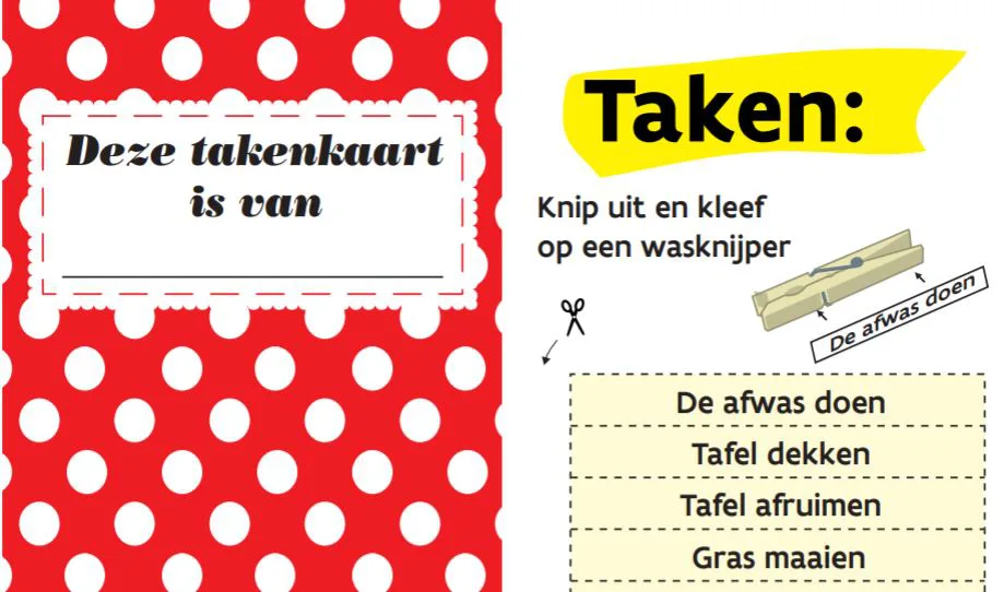 Takenkaart met uitknipbare taken zoals de afwas doen, tafel dekken, tafel afruimen en gras maaien