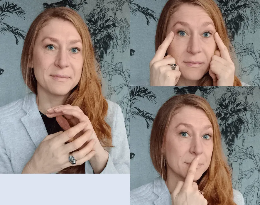 Joyce Hendriks laat drie EFT-punten zien: de zijkant van de hand, naast de ogen en onder de neus