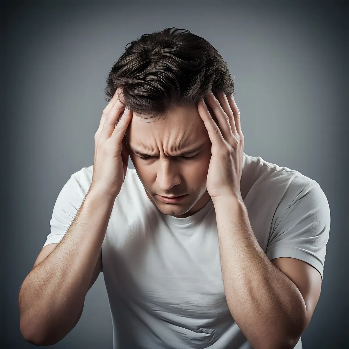 Man zit met zijn hoofd in zijn handen van de pijn en vermoeidheid